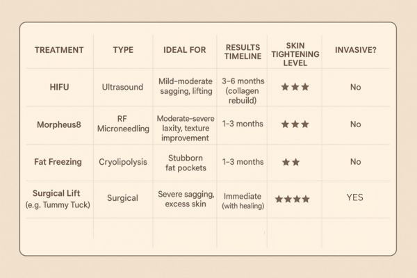 Table showing the comparisons of Skin tightening Brighton treatment options. 